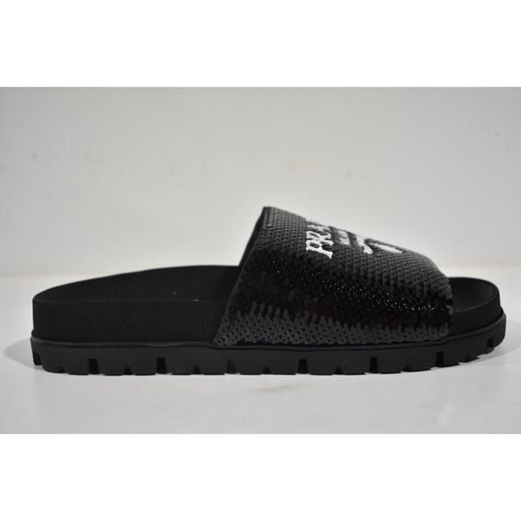 Prada Black Sequin White Logo Slide Sandal Slip On Pool Flip Flop Flat 39 - Picture 2 of 10